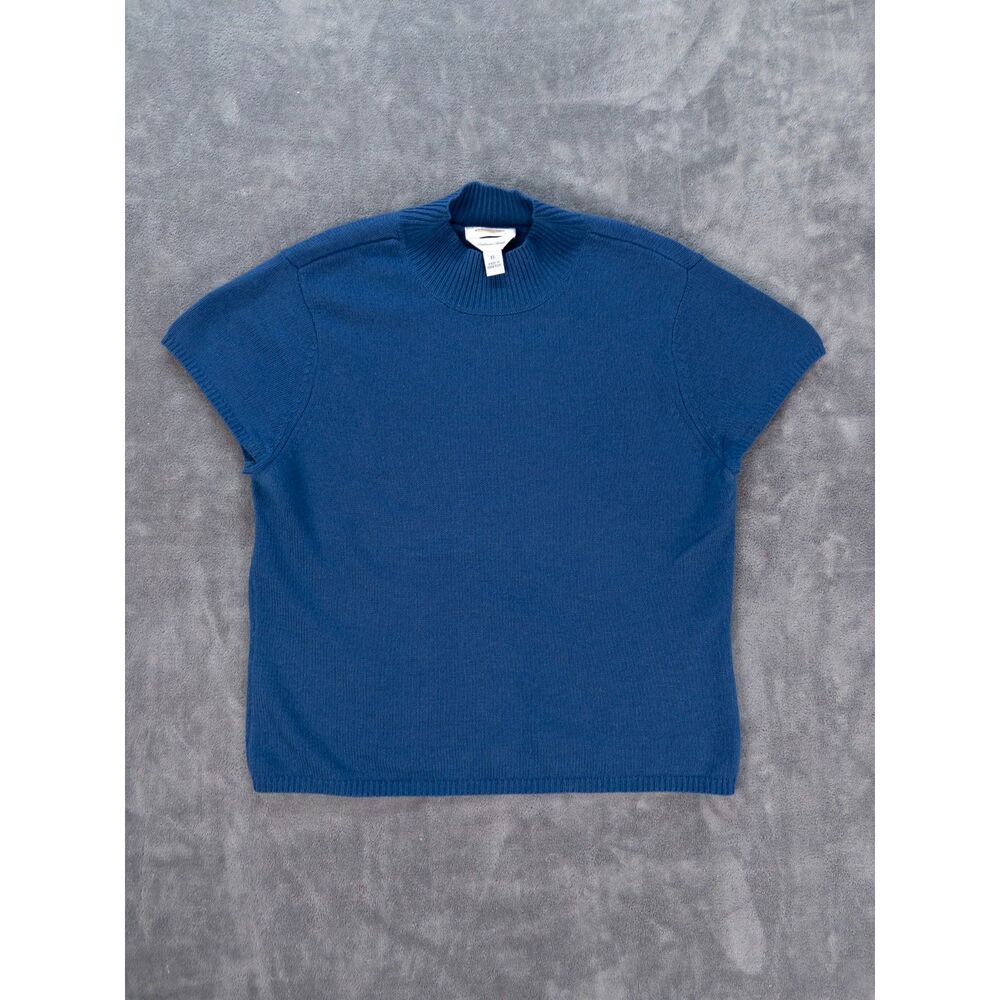 Talbots Cashmere Silk Sweater XL Blue Mock Neck Short Sleeve Knit Top Luxe